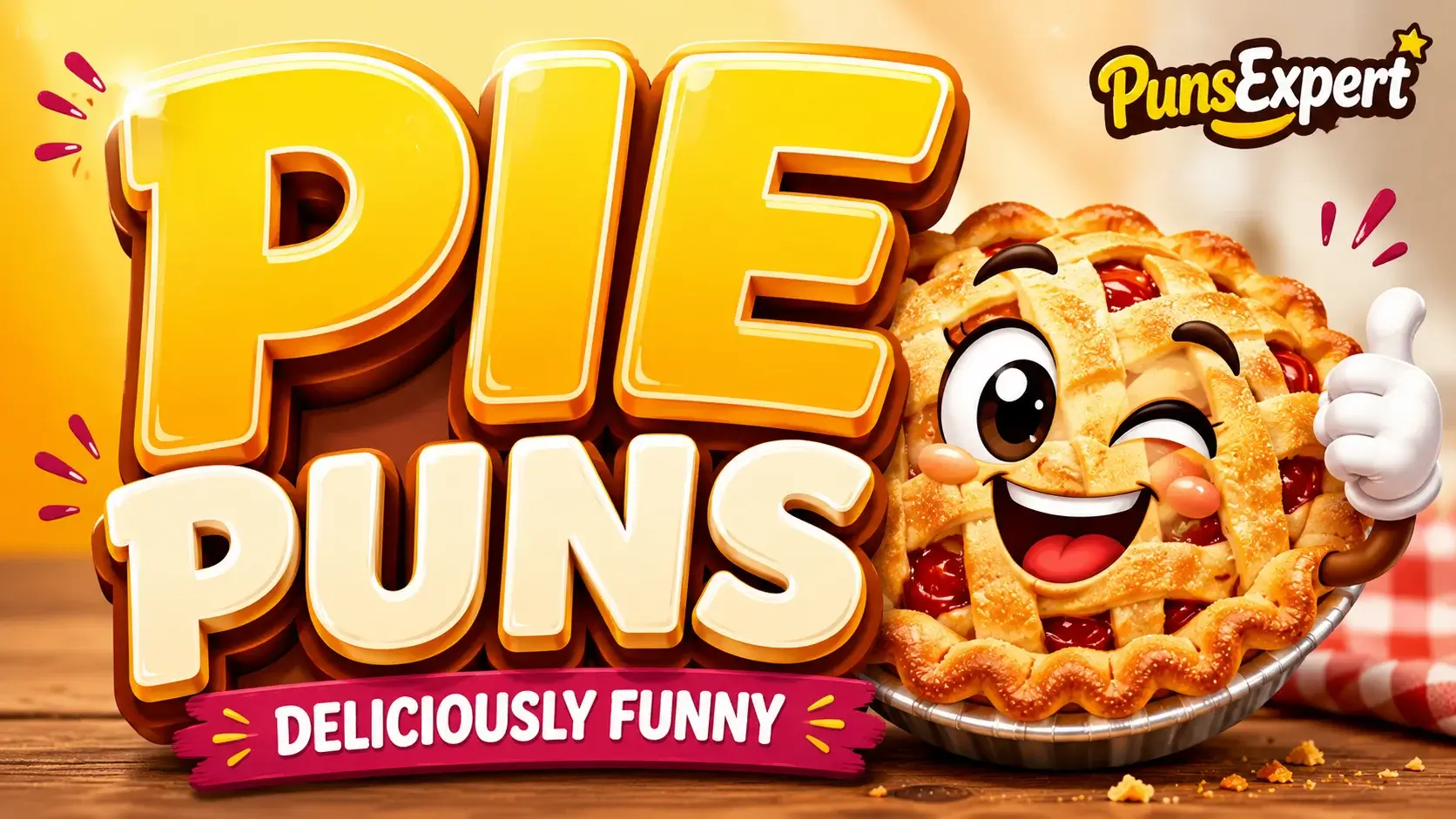 Pie puns featured image with a smiling pie mascot, apples, whipped cream, and bold 3D text