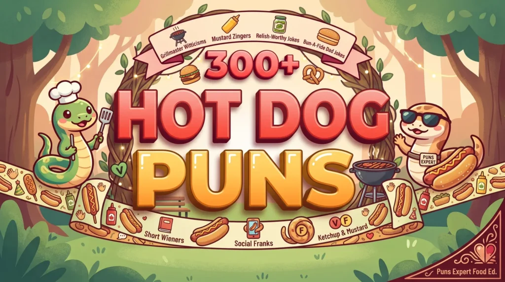 Bold 3D 'Hot Dog Puns' typography with a cheerful cartoon hot dog grilling smiling wieners.
