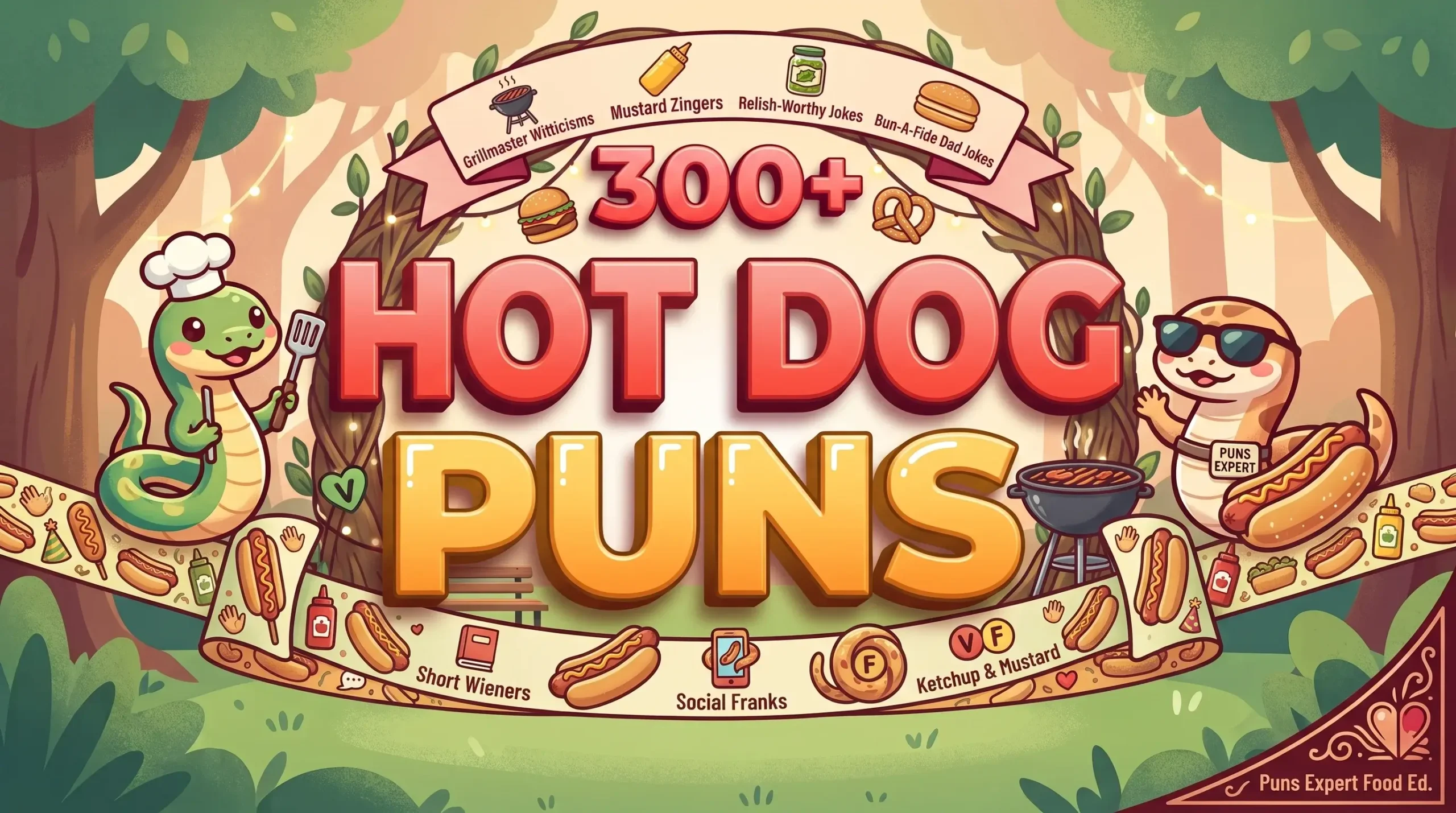 Bold 3D 'Hot Dog Puns' typography with a cheerful cartoon hot dog grilling smiling wieners.