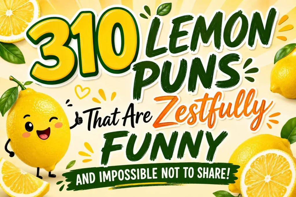 310 lemon puns featured image with bright yellow lemons, green leaves, and playful citrus-themed typography.