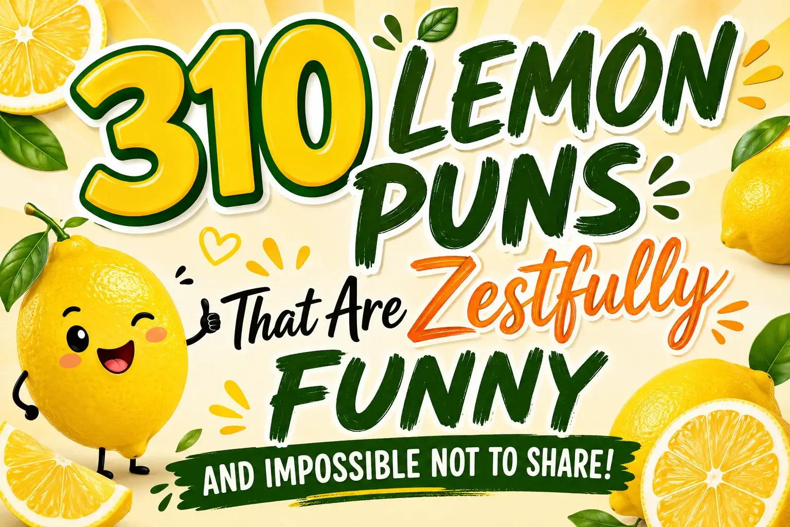310 lemon puns featured image with bright yellow lemons, green leaves, and playful citrus-themed typography.