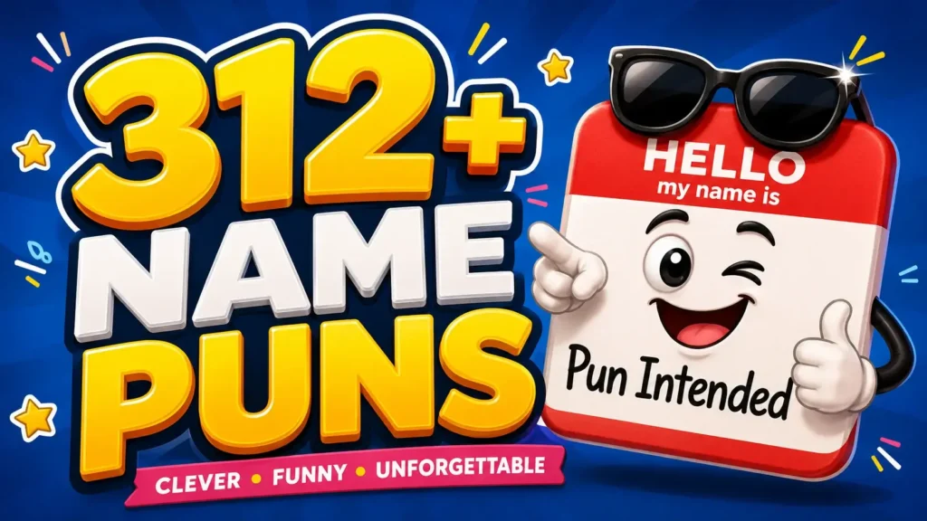 312+ name puns featured image with bold typography and a funny hello-my-name-is character.