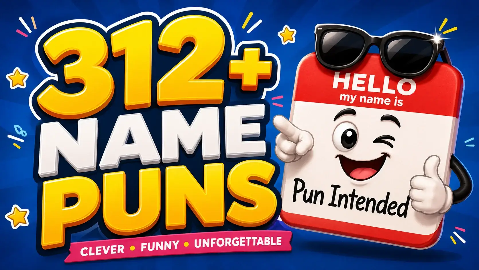 312+ name puns featured image with bold typography and a funny hello-my-name-is character.