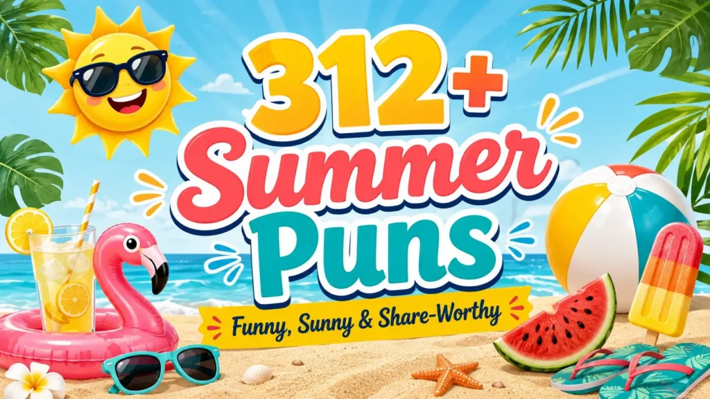 Colorful summer puns featured image with sunny beach, sunglasses, watermelon, popsicle, and playful summer graphics.