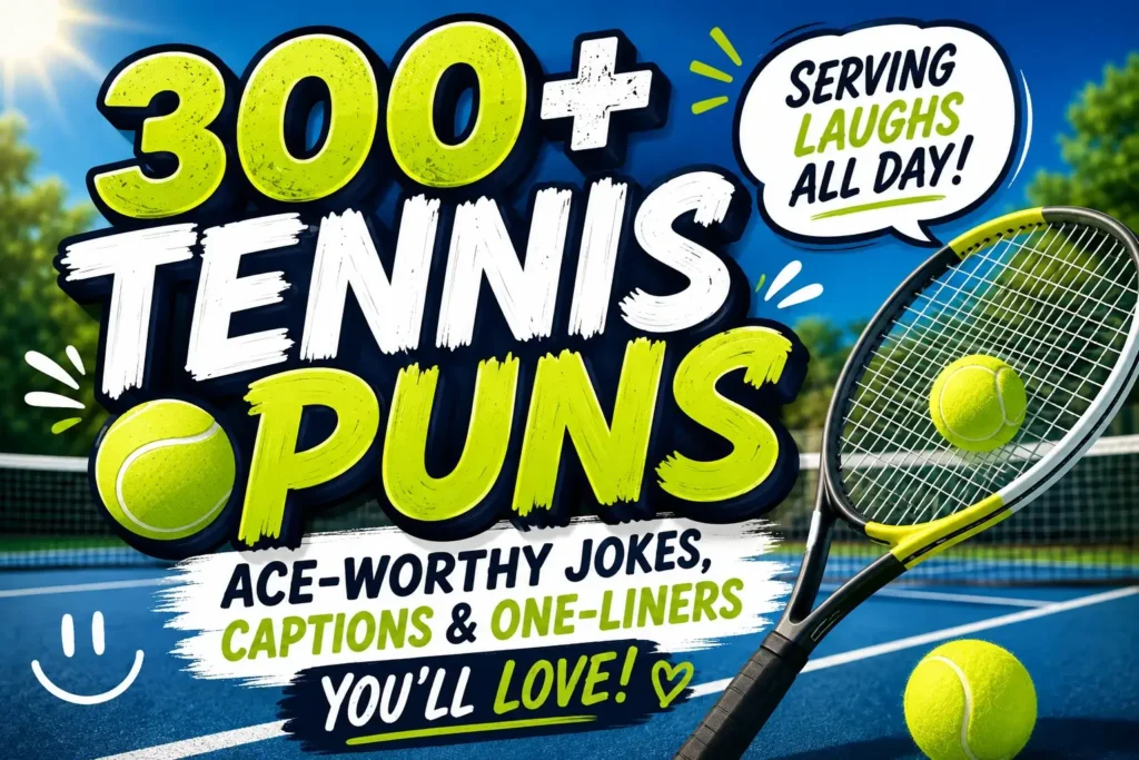 300+ tennis puns featured image with tennis racket, ball, court, net, and playful sports typography