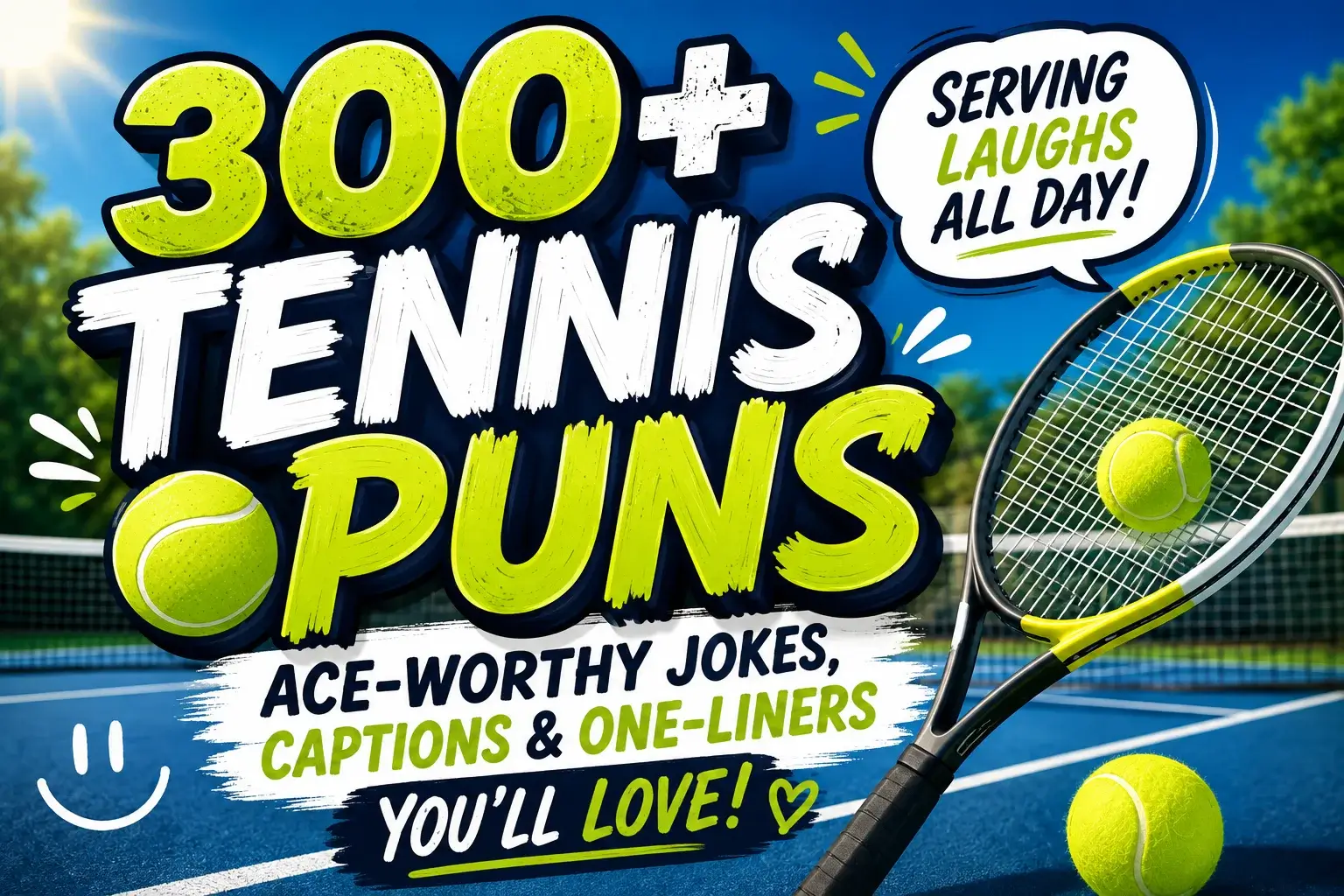 300+ tennis puns featured image with tennis racket, ball, court, net, and playful sports typography