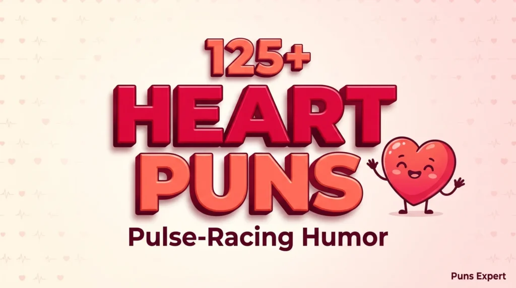Bold 3D typography reading 125+ Heart Puns beside a cute smiling kawaii heart mascot on a soft cream background.