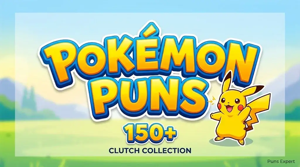 A 16:9 featured image thumbnail for '150+ Pokémon Puns' with bold 3D typography of 'POKÉMON PUNS' in classic yellow/blue, a smiling Pikachu mascot, a '150+' graphic, and tagline 'CLUTCH COLLECTION'. A small 'Puns Expert' watermark is in the corner.