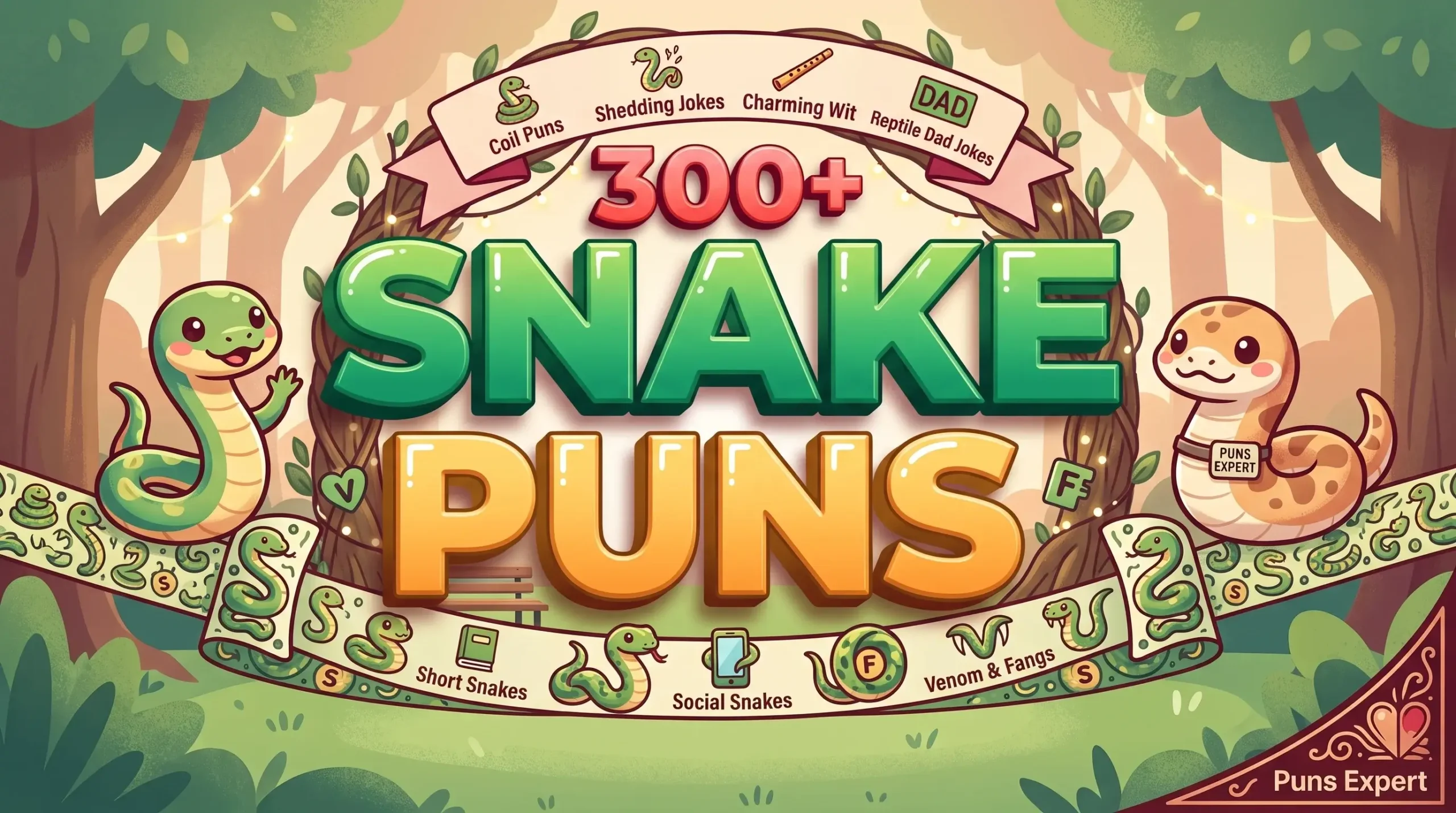 Bold 3D typography reading 315+ Snake Puns beside a cute waving green cartoon snake mascot on a cream background.