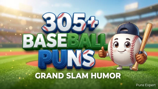 3D cover graphic displaying 305+ Baseball Puns in bold athletic typography with a cute cartoon baseball mascot.
