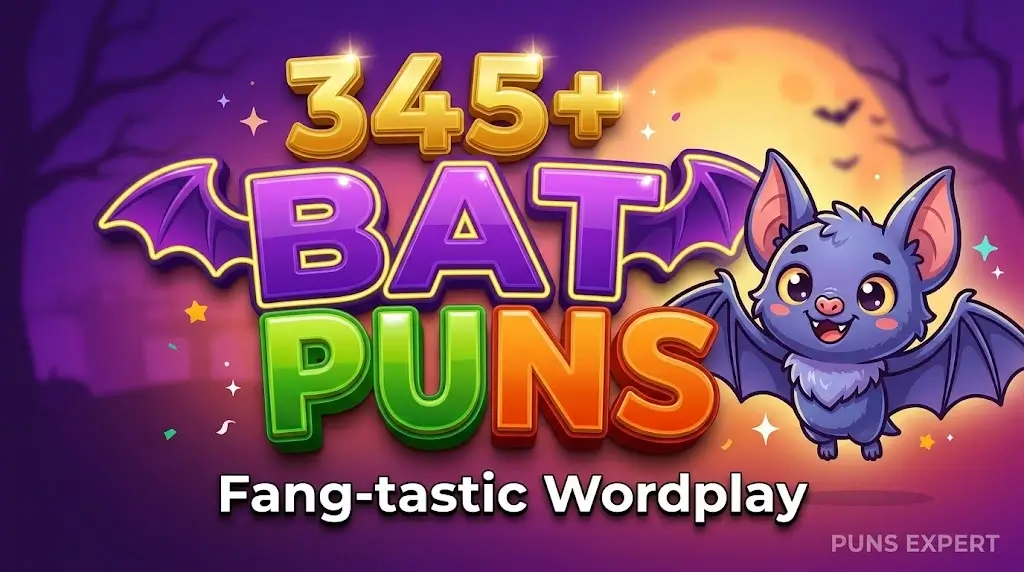 345+ Bat Puns thumbnail featuring a friendly cartoon bat mascot next to massive 3D festive purple and gold text.
