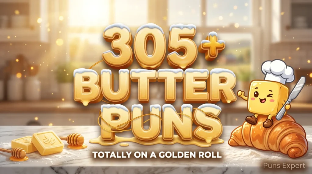 3D cover graphic displaying 305+ Butter Puns in creamy golden-yellow typography with a cheerful butter pat mascot on a croissant.