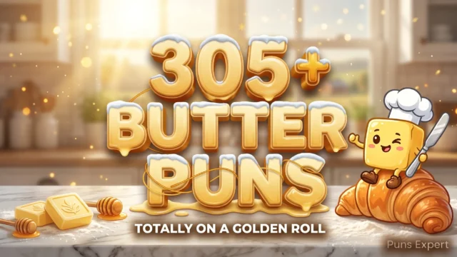 3D cover graphic displaying 305+ Butter Puns in creamy golden-yellow typography with a cheerful butter pat mascot on a croissant.