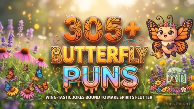 3D cover graphic displaying 305+ Butterfly Puns in monarch orange and sky-blue typography with an adorable cartoon butterfly mascot.