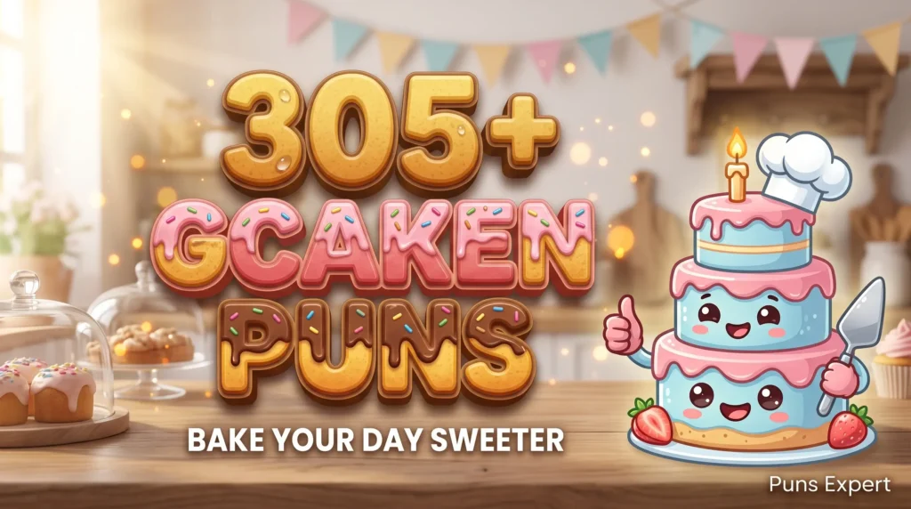 3D cover graphic displaying 305+ Cake Puns in bold pink and golden-amber typography with a cute cartoon tiered cake mascot.
