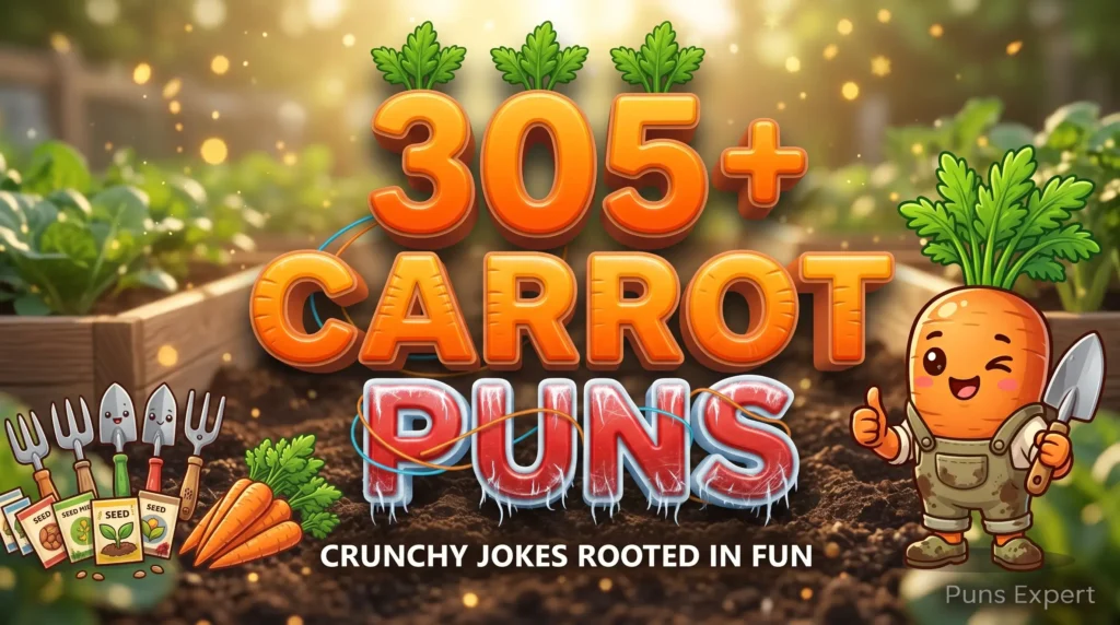 3D cover graphic displaying 305+ Carrot Puns in bright orange and garden-green typography with a cute cartoon carrot mascot holding a garden trowel.