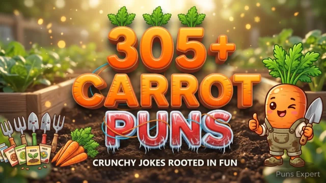 3D cover graphic displaying 305+ Carrot Puns in bright orange and garden-green typography with a cute cartoon carrot mascot holding a garden trowel.