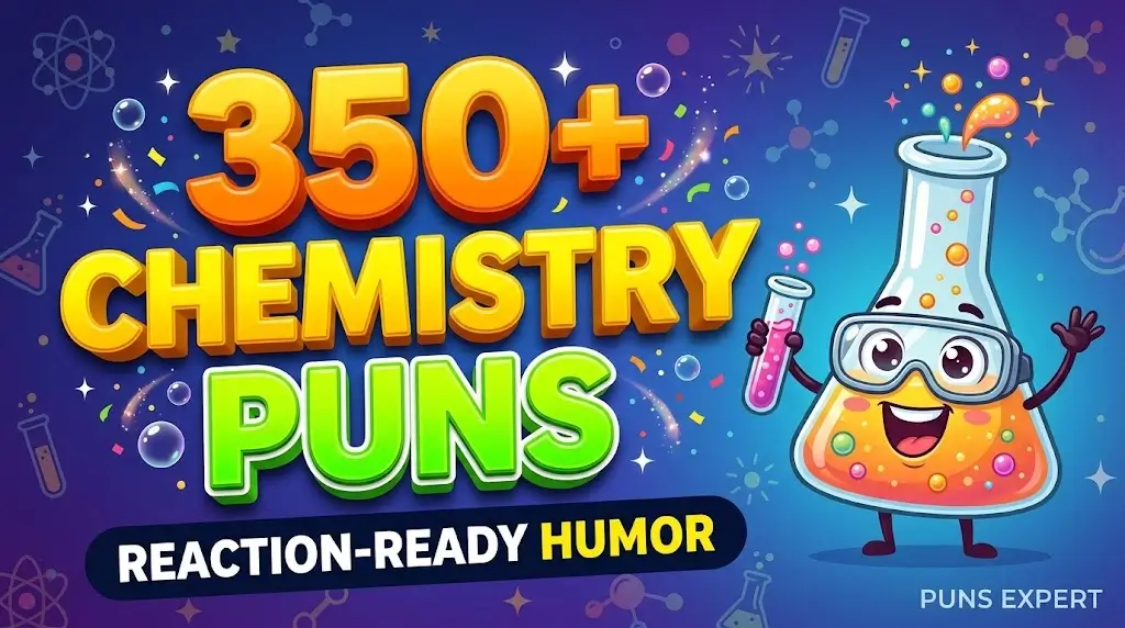 A vibrant 3D featured image with "350+ CHEMISTRY PUNS" in bold yellow and green typography and a smiling science flask mascot.