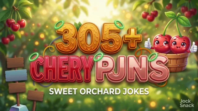 305+ cherry puns in bold 3D typography beside a cheerful cartoon twin cherry mascot in an orchard basket.