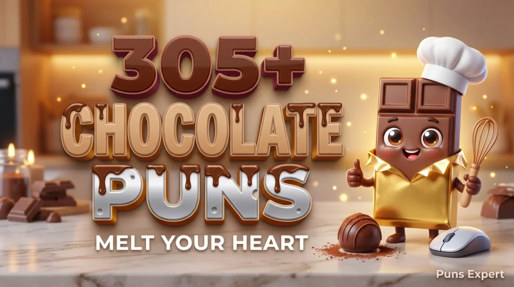 3D cover graphic displaying 305+ Chocolate Puns in bold cocoa brown and gold typography with a cute cartoon chocolate bar mascot.
