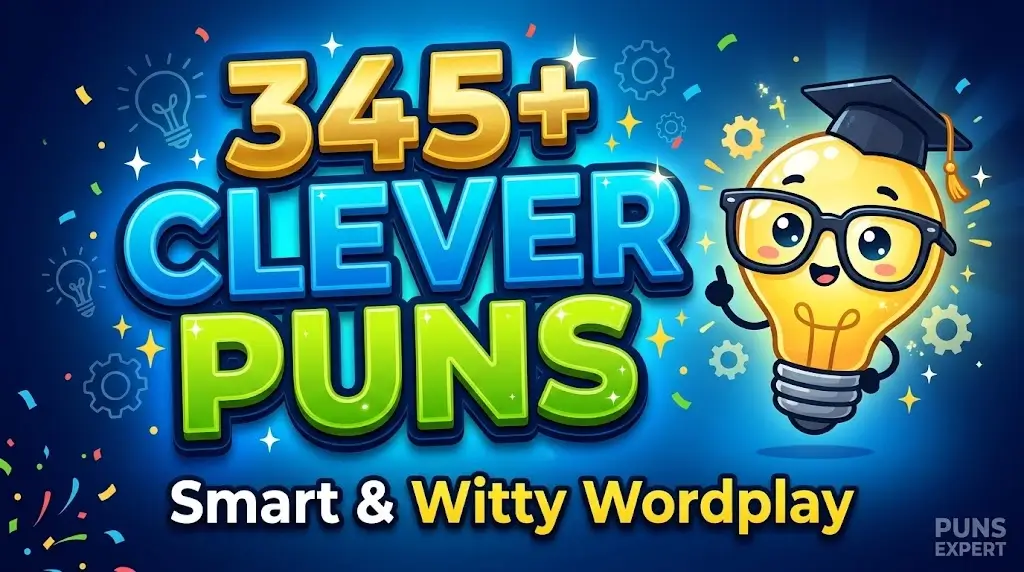 345+ Clever Puns thumbnail featuring a witty lightbulb mascot wearing glasses next to massive 3D textured text.