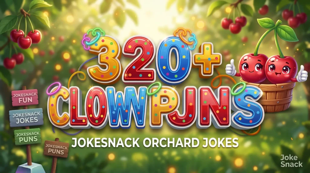 320+ clown puns in bold 3D typography beside a cheerful cartoon circus clown juggling colorful balls.