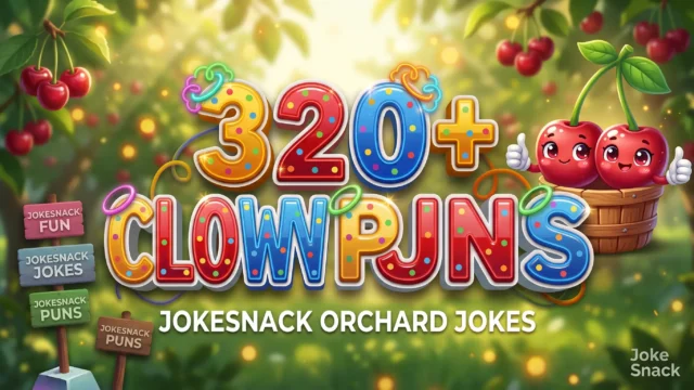 320+ clown puns in bold 3D typography beside a cheerful cartoon circus clown juggling colorful balls.