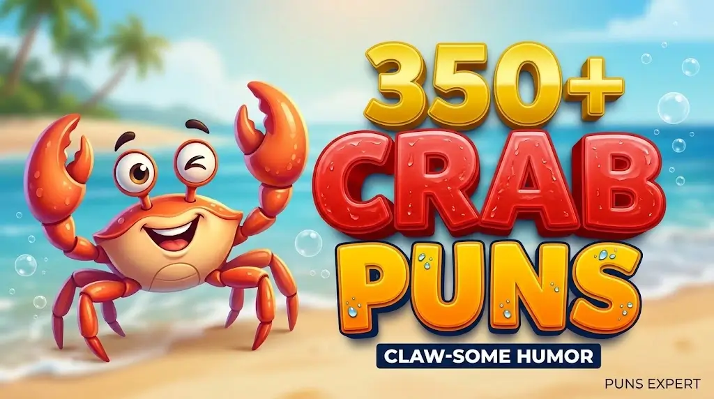 "350+ CRAB PUNS" in large, bold 3D letters, alongside a happy, winking cartoon crab with the tagline "CLAW-SOME HUMOR".