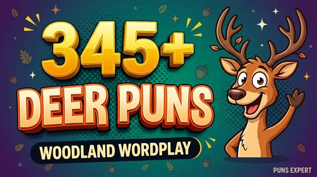 A vibrant 3D featured image with "345+ DEER PUNS" in bold yellow and orange typography and a waving cartoon deer mascot.