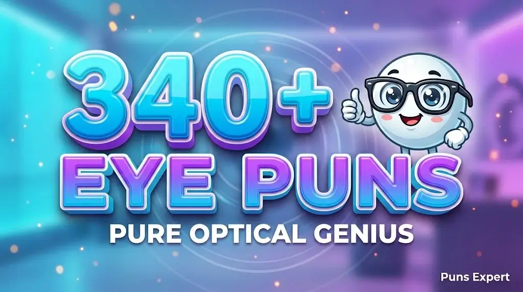 3D cover graphic displaying 340+ Eye Puns in bold cyan typography with a cheerful cartoon eyeball mascot wearing glasses.