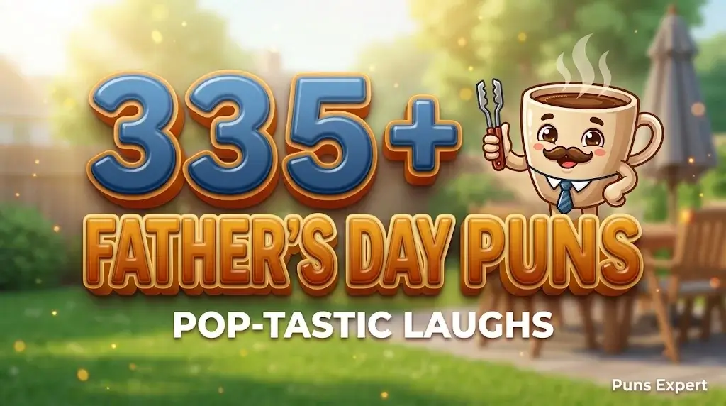 3D cover graphic displaying 335+ Father's Day Puns in bold blue and gold typography with a cute dad-themed mascot.
