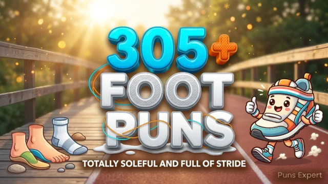 3D cover graphic displaying 305+ Foot Puns in athletic cyan and orange typography with a cheerful running shoe mascot giving a double thumbs-up.