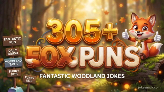 305+ fox puns in bold 3D typography beside a cheerful cartoon red fox scout mascot sitting on a mossy log.