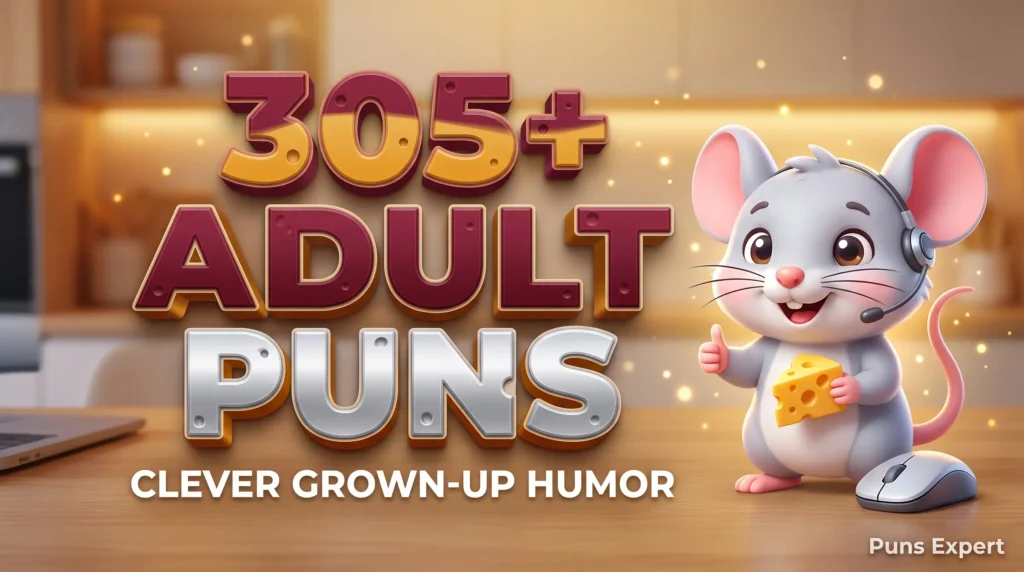 3D cover graphic displaying 305+ Adult Puns in bold burgundy and gold typography with a cute cartoon wine glass mascot.