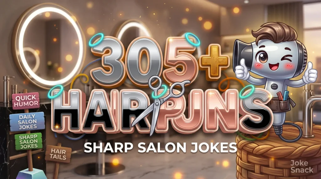 305+ hair puns in bold 3D metallic typography beside a cheerful cartoon salon blow dryer mascot holding a comb.