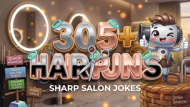 305+ hair puns in bold 3D metallic typography beside a cheerful cartoon salon blow dryer mascot holding a comb.