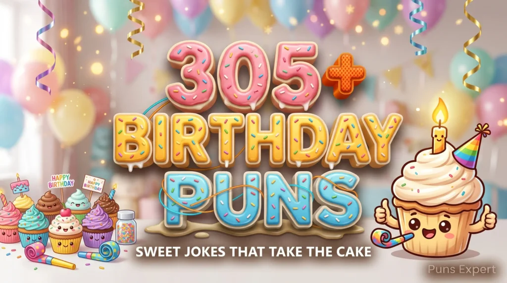 3D cover graphic displaying 305+ Birthday Puns in frosted cake typography with an adorable smiling cupcake mascot wearing a party hat.