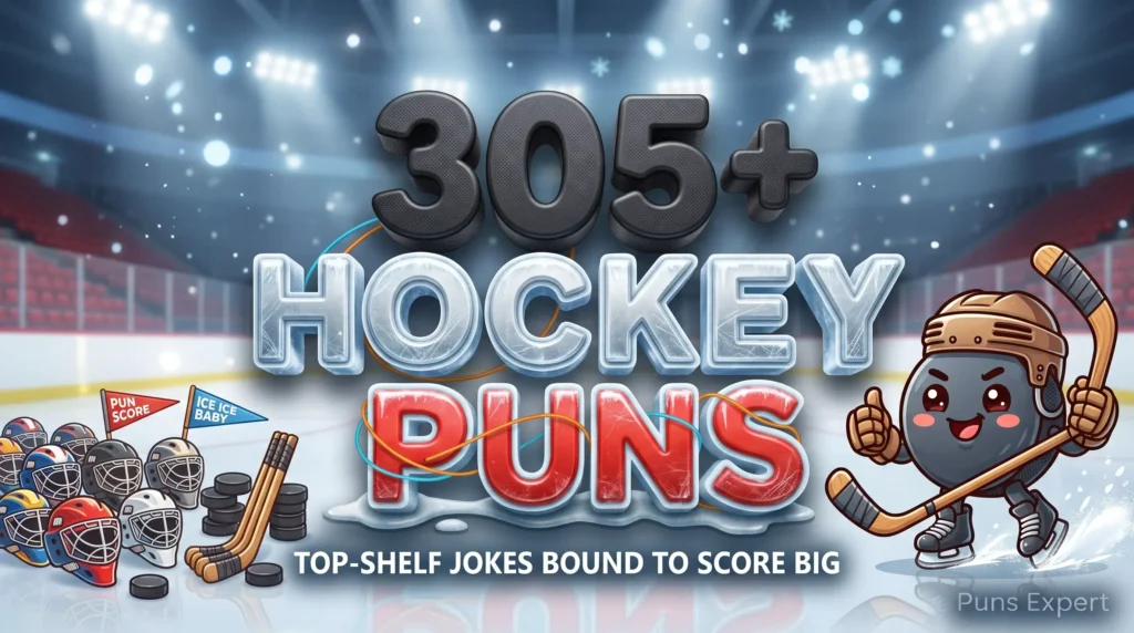 3D cover graphic displaying 305+ Hockey Puns in ice-frosted typography with a cute skating puck mascot holding a hockey stick.