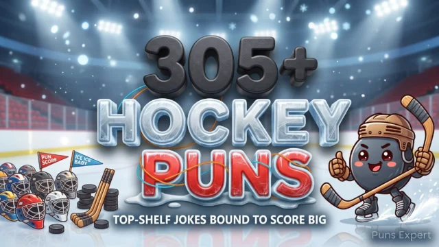 3D cover graphic displaying 305+ Hockey Puns in ice-frosted typography with a cute skating puck mascot holding a hockey stick.