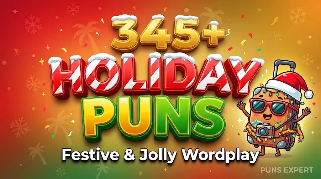 345+ Holiday Puns thumbnail featuring a jolly suitcase mascot with a Santa hat and sunglasses next to festive 3D text.