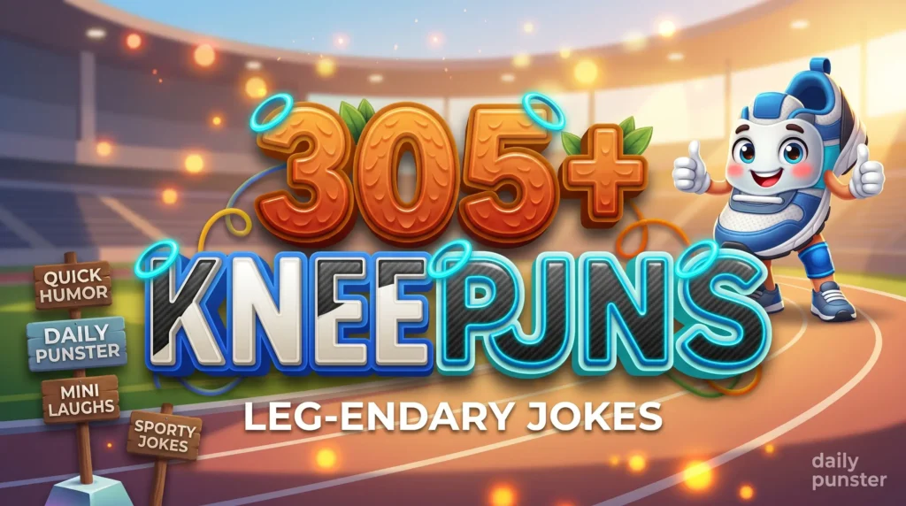305+ knee puns in bold 3D typography beside a cheerful cartoon runner mascot wearing a knee sleeve.