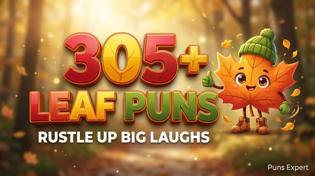 3D cover graphic displaying 305+ Leaf Puns in bold autumn gold typography with a cute cartoon maple leaf mascot.
