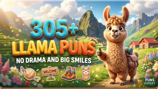 3D cover graphic displaying 305+ Llama Puns in bold knit wool typography with a smiling cartoon llama mascot holding a backpack.