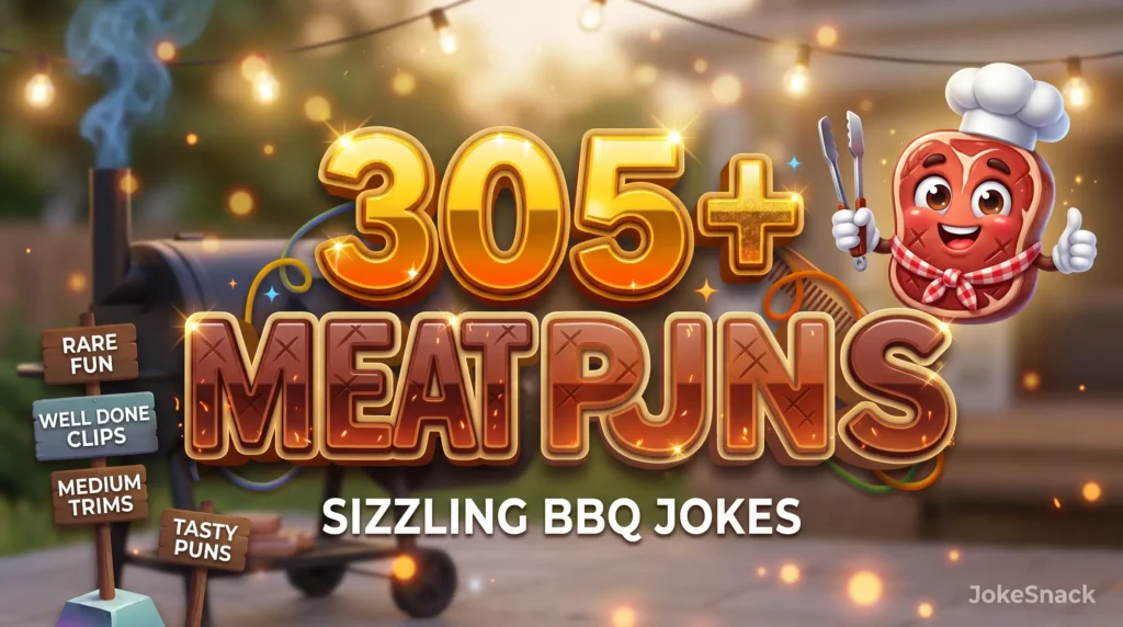 305+ meat puns in bold 3D typography beside a cheerful cartoon steak chef mascot holding barbecue tongs.