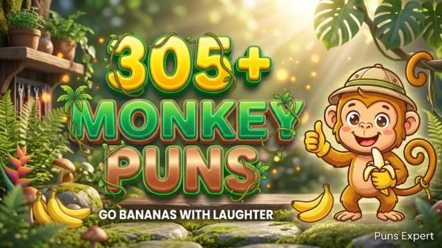 3D cover graphic displaying 305+ Monkey Puns in bold banana yellow and jungle green typography with a cute cartoon monkey mascot.