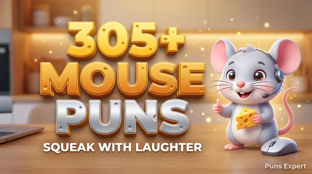 3D cover graphic displaying 305+ Mouse Puns in bold gold and silver typography with a cute cartoon mouse mascot.