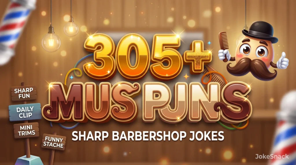 305+ mustache puns in bold 3D typography beside a cheerful cartoon handlebar mustache mascot wearing a bowler hat.