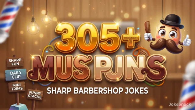 305+ mustache puns in bold 3D typography beside a cheerful cartoon handlebar mustache mascot wearing a bowler hat.