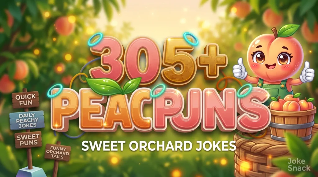 305+ peach puns in bold 3D typography beside a cheerful cartoon peach character in gardening overalls sitting next to an orchard fruit crate.