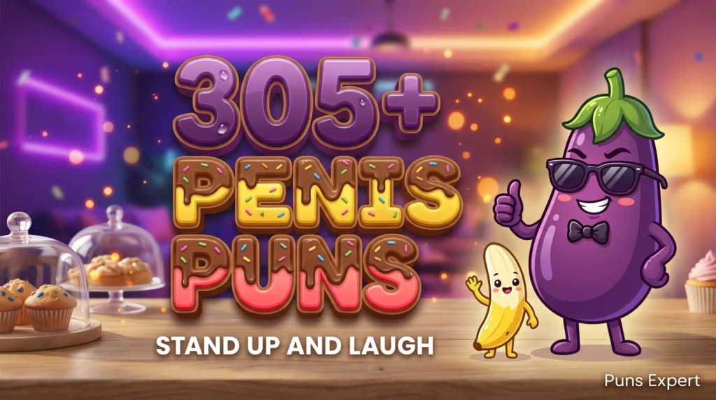 3D cover graphic displaying 305+ Penis Puns in bold purple and yellow typography with a cartoon eggplant mascot.